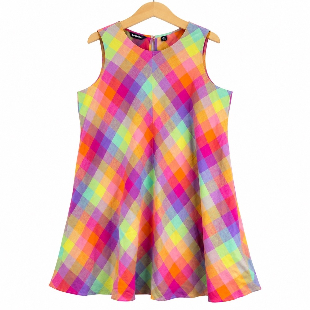 Lands End Womens 2X Multi Color Rainbow Gingham Linen Blend Sleeveless Dress